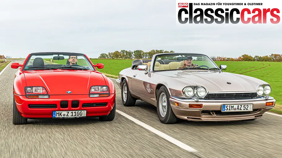 BMW Z1 und Jaguar XJS Cabrio fahrend von vorne