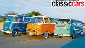 Mercedes O 319 D, Borgward BO 611 und VW Bus T2a fahrend von vorne. - Foto: Wim Woeber