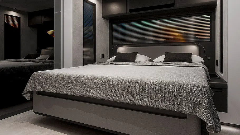 Brabus Big Boy 1200 Ansicht des Doppelbetts im Heckschlafzimmer des Brabus Big Boy 1200.
