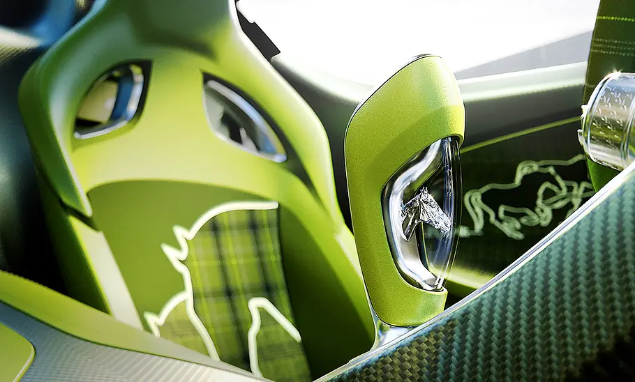 Blick auf den Schaltknauf im Innenraum des Bugatti Brouillard (2025).
