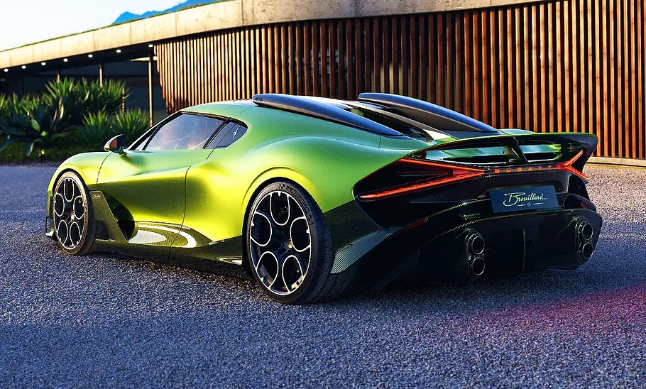 Blick von schräg hinten auf den Bugatti Brouillard (2025).
