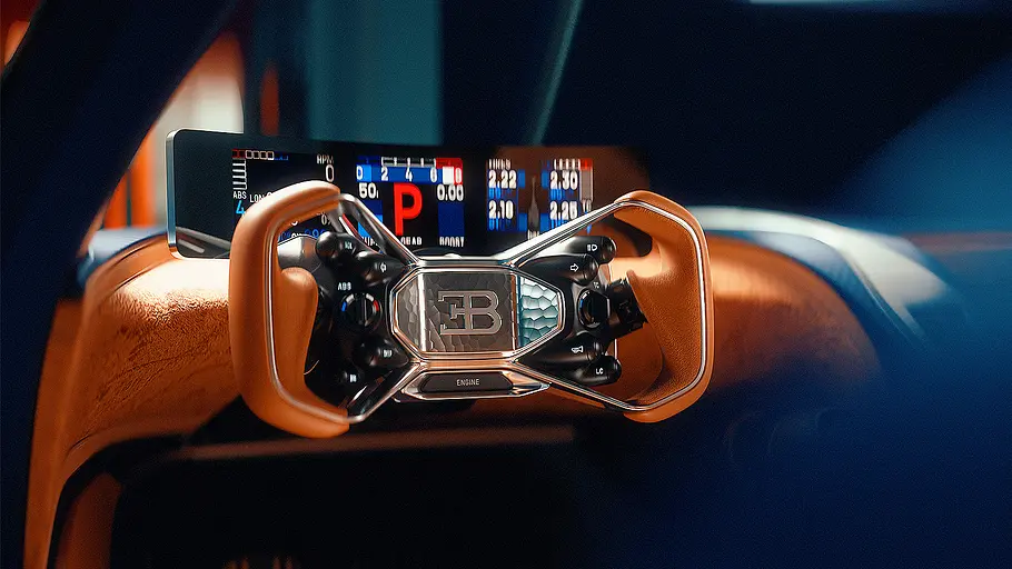 Blick auf das Lenkrad und die dahinterliegenden Armaturen des Bugatti Destrier (2026).