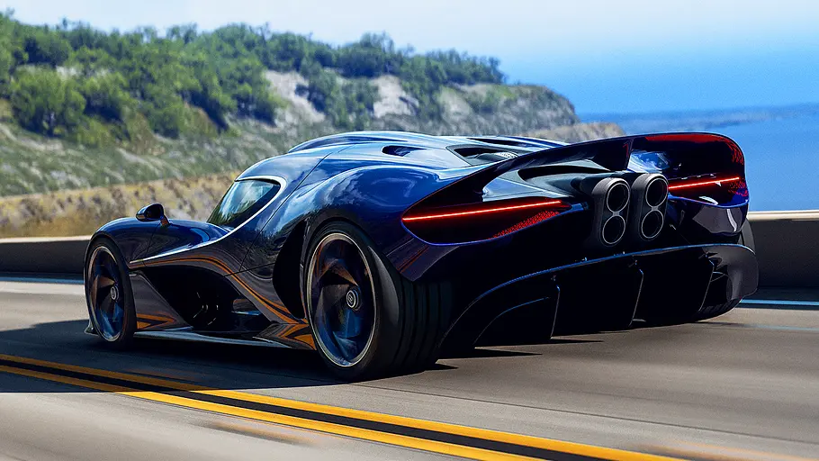 Blick von schräg hinten auf den fahrenden Bugatti Destrier (2026).