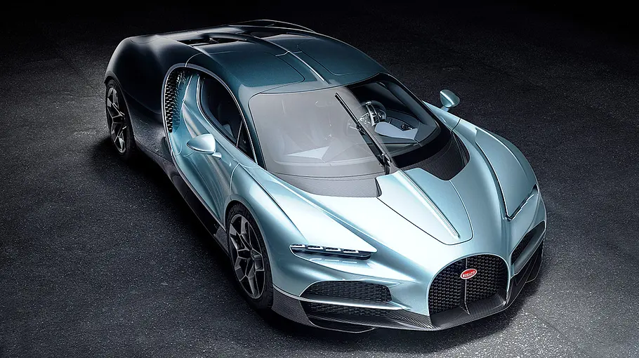 Der Bugatti Tourbillon, statisch von vorne rechts fotografiert.