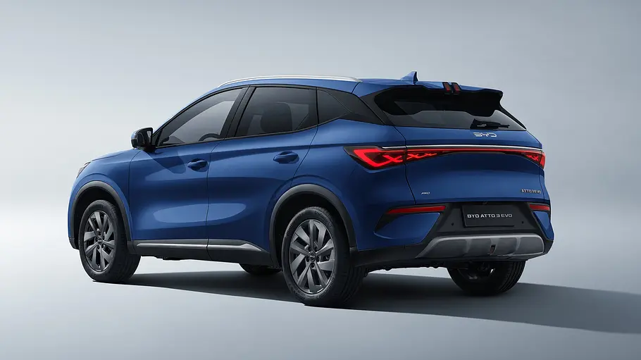 BYD Atto 3 Evo Der BYD Atto 3 Evo steht in Studioumgebung, von hinten links fotografiert.