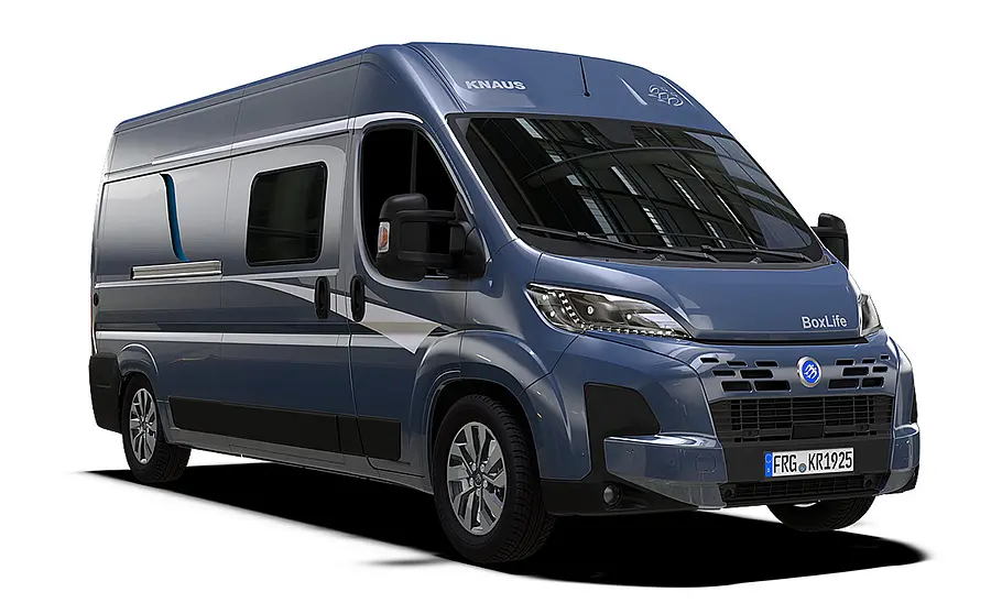 Ansicht des Knaus Boxlife 600 ME von schräg vorne.