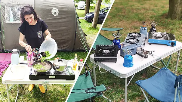 Campingkocher-Test als Collage: links steht eine Person an einem Tisch und kocht im Freien, rechts steht ein Tisch mit Campingkochern darauf und drei Campingstühlen drumherum. - Foto: AUTO ZEITUNG