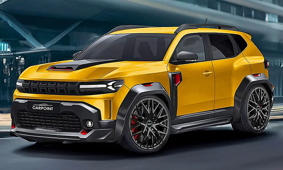 Illustration eines gelben Dacia Duster von CP Performance von vorne links abgebildet.