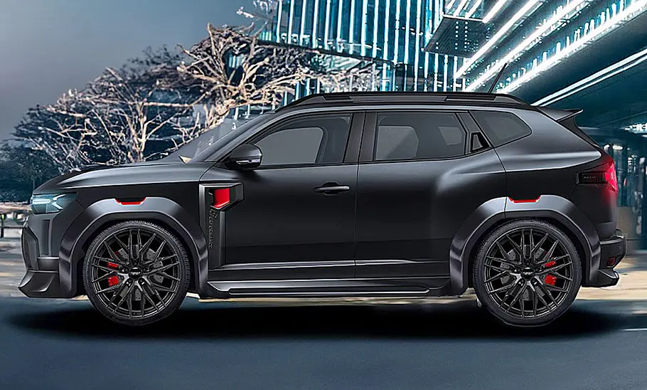 Illustration eines schwarzen Dacia Duster von CP Performance von der Seite abgebildet.