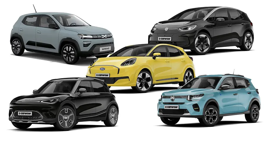 Günstige E-Autos bei Carwow Collage mit Dacia Spring, VW ID.3, Smart #1, Ford Puma und Citroen C3.