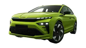 Der Skoda Enyaq steht vor weißem Hintergrund, von vorne links fotografiert. - Foto: Skoda