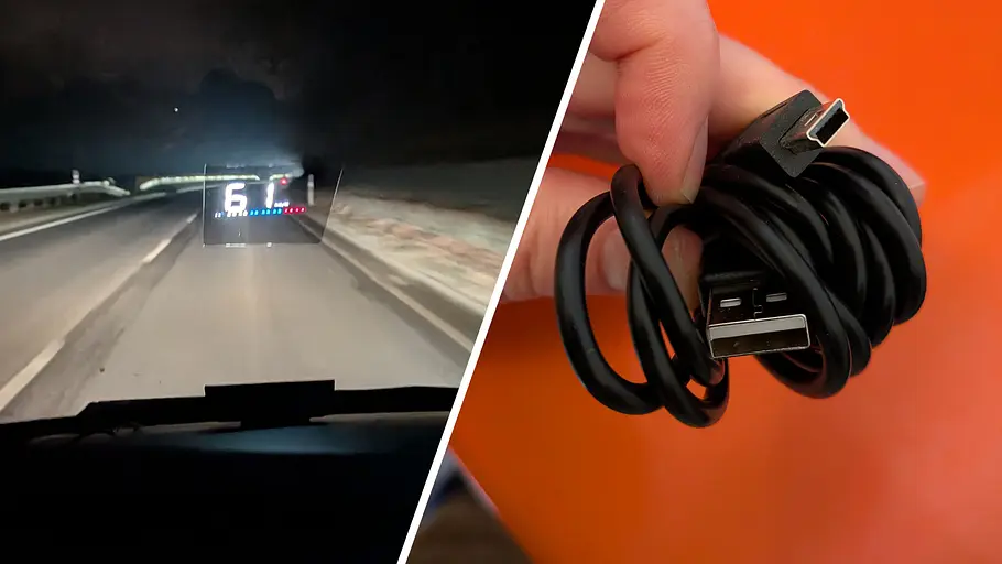 Die Collage zeigt eine nächtliche Landstraße mit Head-up-Display zum Nachrüsten von Cgeamdy im Test. Rechts im Bild: Das mitgelieferte Ladekabel für den GPS-Betrieb.