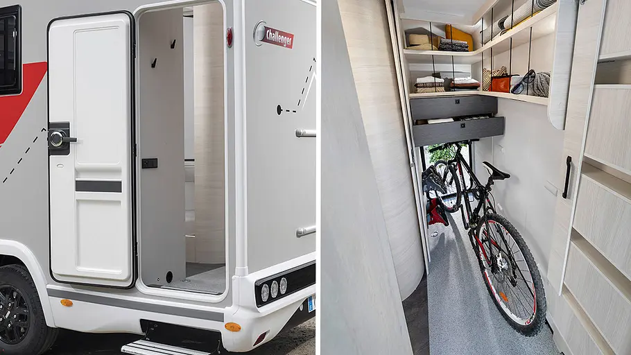 Die Collage zeigt die Heckgarage des Challenger 240: Das linke Bild zeigt die vollwertige Türe, das rechte Bild ein stehendes Fahrrad in der Heckgarage unter offenen Wandregalen.