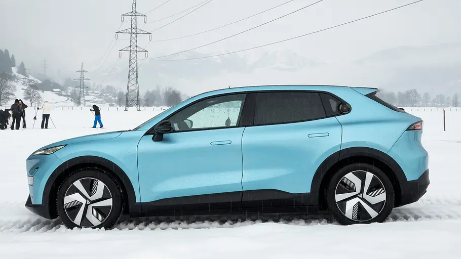 Der Changan Deepal S05 steht im Schnee, von links fotografiert.