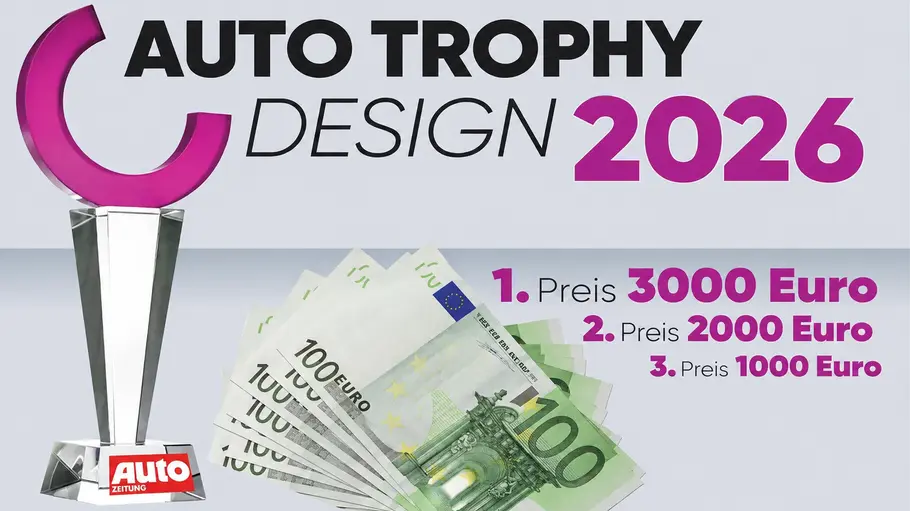 Auto Trophy Design 2026 Das Symbolbild für die Auto Trophy Design 2026 zeigt den Namen des Gewinnspiels, den Pokal sowie Geldnoten als Bildbeispiel für die genannten Geldpreise.