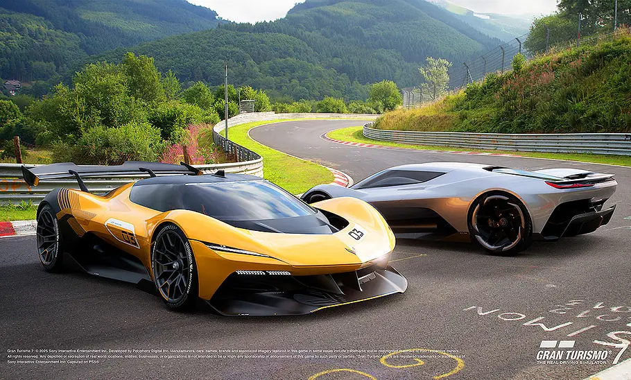 Chevrolet Corvette CX.R VGT/CX (2025) Gruppenbild mit den zwei Supersportwagen-Studien Chevrolet Corvette CX.R VGT und CX (2025) auf der Nürburgring Nordschleife.