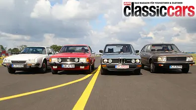 Citroën CX 2400 Pallas i.e./Ford Granada 2.8 GLS/BMW 525/Renault 30 TX fahrend von vorne fotografiert.  - Foto: Willy Bister