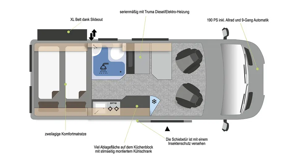 Die Zeichnung zeigt den Grundriss des Clever Vans Aventuro 600 (2026).