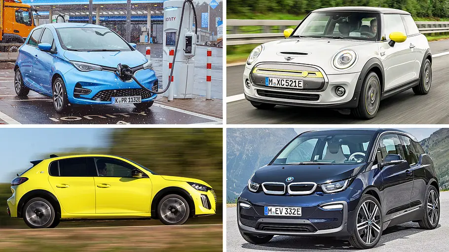 Eine Collage aus vier Elektrofahrzeugen: Renault Zoe (oben links), Mini Cooper SE (oben rechts), Peugeot e-208 (unten links) und BMW i3.