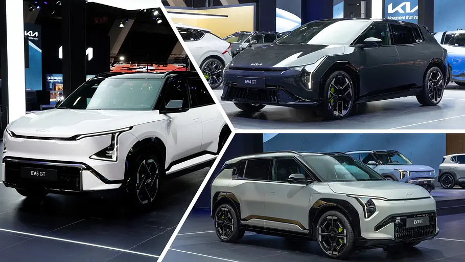Kia EV3, EV4 und EV5 GT Der Kia EV3, EV4 und EV5 GT werden schräg von vorne in einer Collage gezeigt.