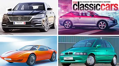 Collage mit vier Concept Cars: Oben links VW Phaeton 2, oben rechts Porsche Cayenne Targa, unten links Opel GT-W Genève und BMW E1. - Foto: Hersteller/Collage