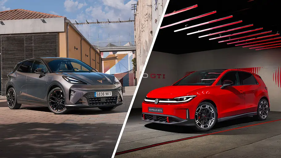 Eine Collage zeigt Cupra Raval VZ und VW ID. Polo GTI.