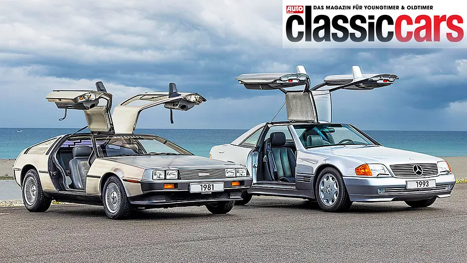 DeLorean DMC-12/Mercedes SL DeLorean DMC-12 und Mercedes SL stehend von schräg vorne.