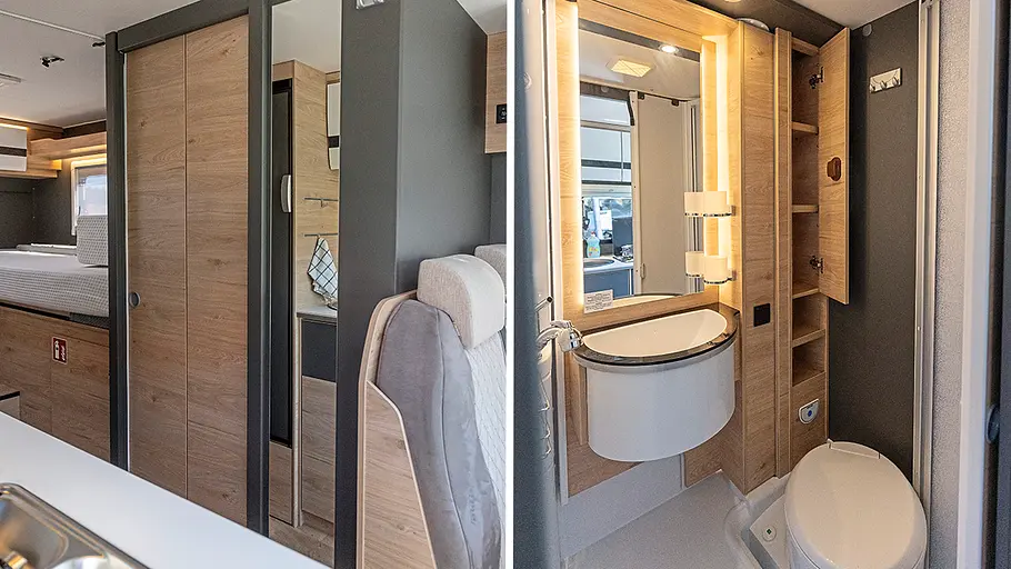 Die Collage zeigt das Badezimmer des Dethleffs Globebus Go T45. Links das Bad von außen, rechts die Innenansicht.