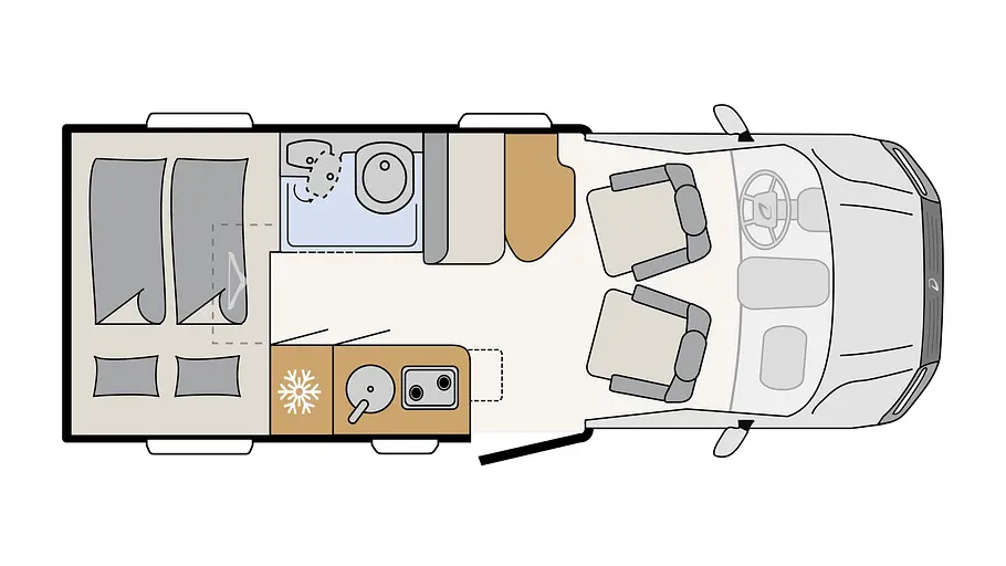 Die Grundrisszeichnung des Dethleffs Globebus Performance T16.