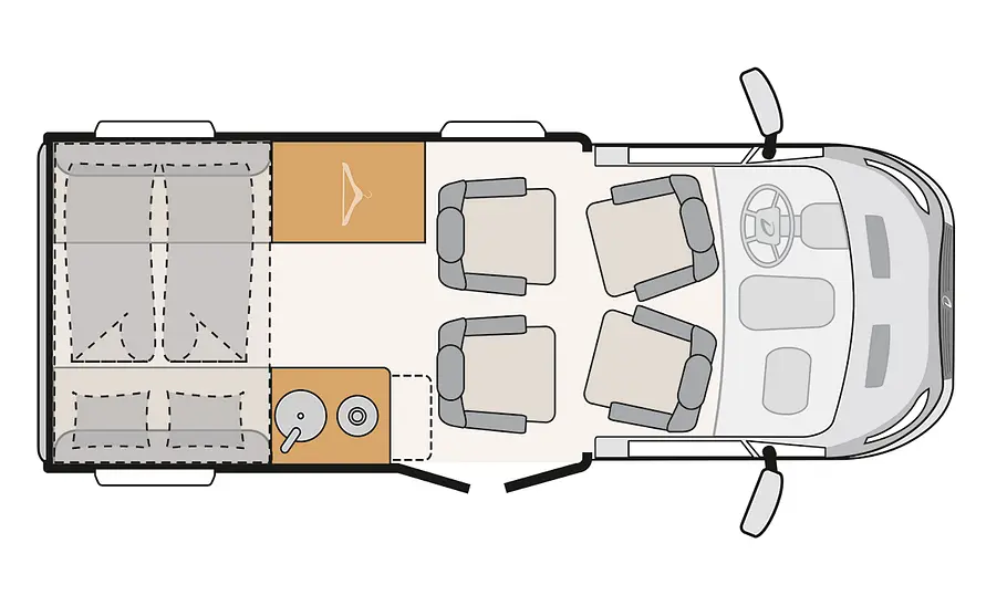 Das Bild zeigt die Grundrisszeichnung des Dethleffs Yoka Go T1 (2024).