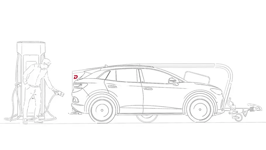 Die Skizze zeigt die Silhouette der Dethleffs-Studie c.fold (2026), die über die Silhouette eines E-Autos gelegt wird.