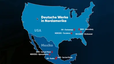 Deutsche Werke in Nordamerika auf einer Karte markiert. - Foto: AUTO ZEITUNG