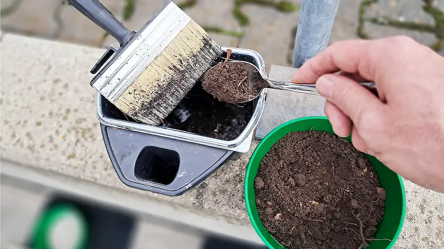 Ein Hand hält einen Löffel und mischt Blumenerde mit Wasser.