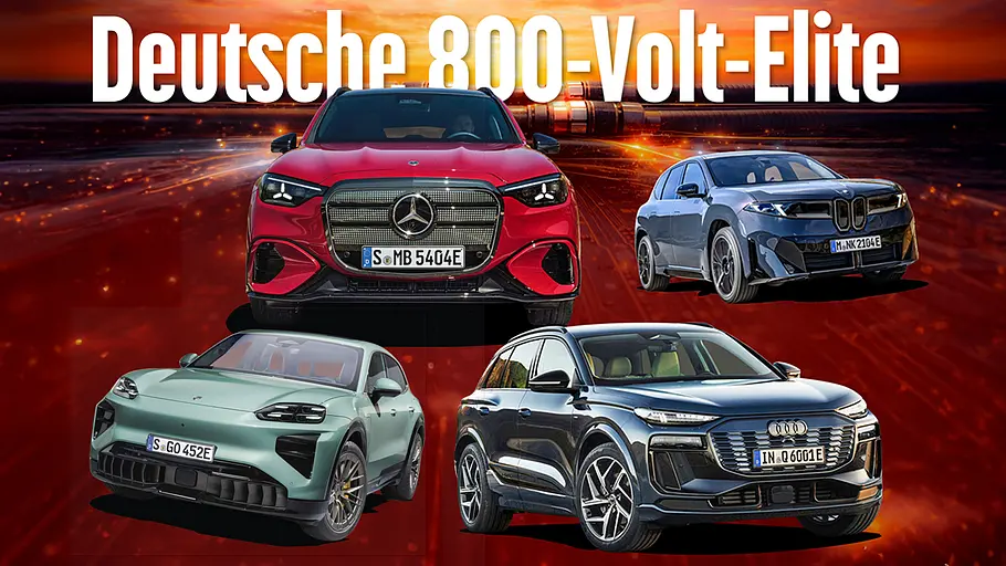 Deutsche Elektroautos mit 800 Volt Die Collage zeigt die deutschen Elektroautos mit 800 Volt: Audi Q6 e-tron, BMW iX3, Mercedes GLC EQ und Porsche Cayenne Elektro.