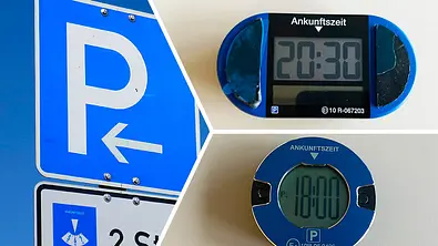 Eine Kollage die zwei elektronische Parkscheiben und ein Parken-Schild zeigt. - Foto: AUTO ZEITUNG