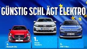 Ein Symbolbild zeigt die drei meistverkauften Autos Europas, VW T-Roc, Renault Clio und Dacia Sandero, auf einem Siegerpodest. - Foto: AUTO ZEITUNG