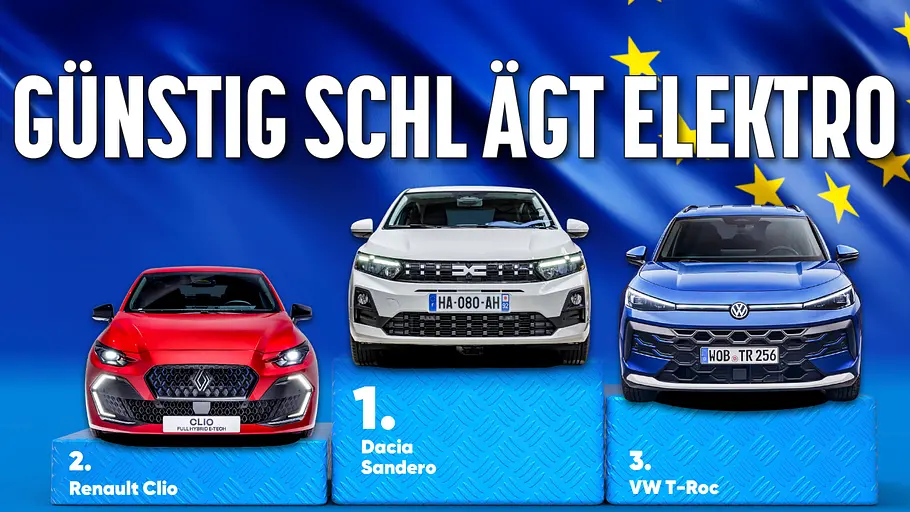 Europas meistverkaufte Autos Ein Symbolbild zeigt die drei meistverkauften Autos Europas, VW T-Roc, Renault Clio und Dacia Sandero, auf einem Siegerpodest.