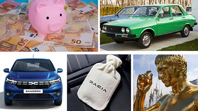 Eine Collage zeigt ein Sparschwein, alte und neue Dacia-Modelle, eine Dacia-Wärmflasche und eine Statue von Julius Caesar. - Foto: Dacia, Imago/Montage: AUTO ZEITUNG
