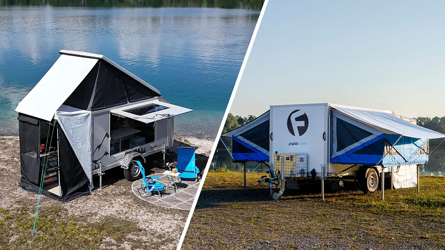 Die Collage zeigt die zwei Caravan-Modelle Flip (links) und Flap (rechts) von Farfalla Camper. Beide Modelle sind statisch gezeigt.