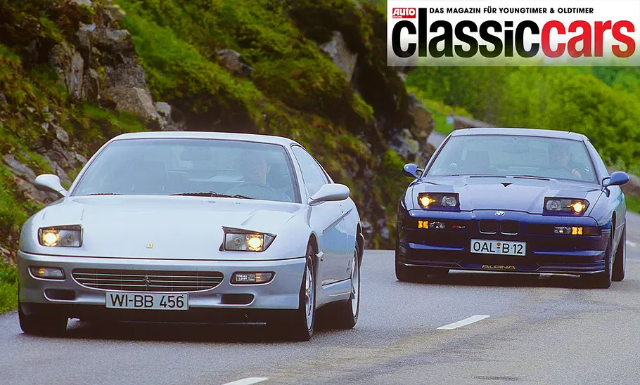 Ferrari 456 GT/Alpina B12 5.7 Coupé Der Ferrari 456 GT und Alpina B12 5.7 Coupé fahrend von schräg vorne fotografiert.