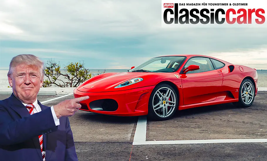 Ferrari F430 Der Ferrari F430 statisch von schräg vorne; eingeklinkt das Bild von Donald Trump.