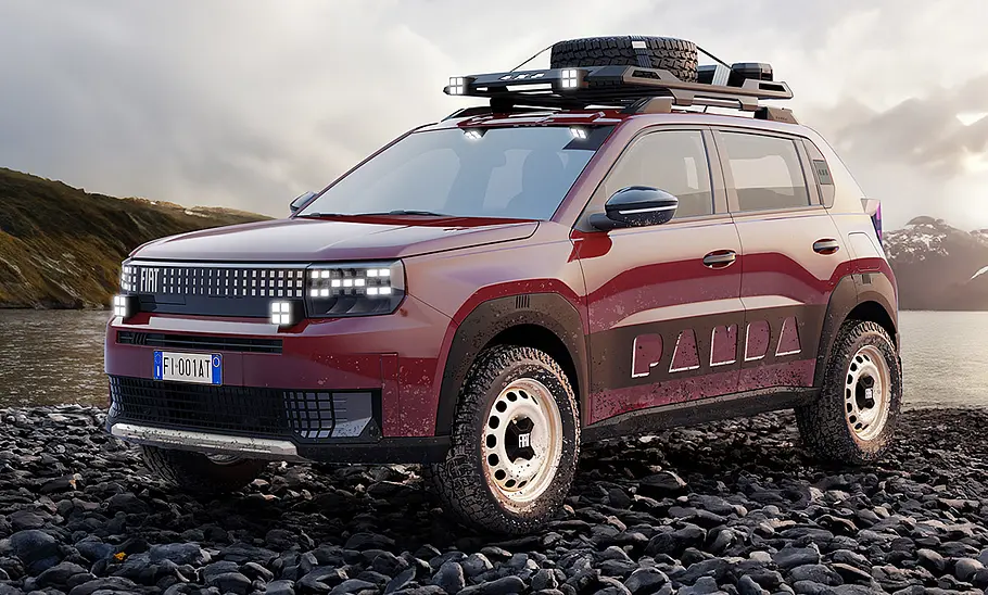 Der Fiat Grande Panda 4x4 stehend von schräg vorne fotografiert.