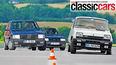 Fiat Uno Turbo, VW Polo G40 und Renault 5 Alpine Turbo fahrend von vorne. - Foto: Aleksander Perkovic/Stefan Bau