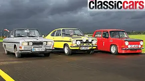 Der Ford 15 M RS, Opel Kadett B Rallye und Simca Rallye 2 fahrend von schräg vorne fotografiert. - Foto: Jürgen Zerha