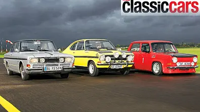 Der Ford 15 M RS, Opel Kadett B Rallye und Simca Rallye 2 fahrend von schräg vorne fotografiert. - Foto: Jürgen Zerha