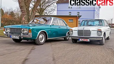 Ford 20M (P7b) und Mercedes 230.6 (W114) fahrend von vorne. - Foto: Wim Woeber