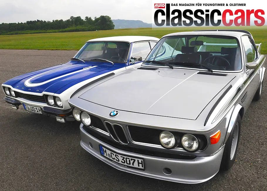Ford Capri RS 2600/BMW 3.0 CSL statisch von schräg vorne fotografiert. 