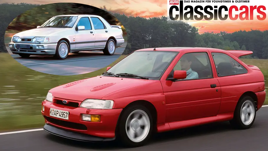 Ford Escort RS Cosworth/Ford Sierra II RS Cosworth 4x4 Ford Escort RS Cosworth/Ford Sierra II RS Cosworth 4x4 fahrend von schräg vorne fotografiert in einer Collage.