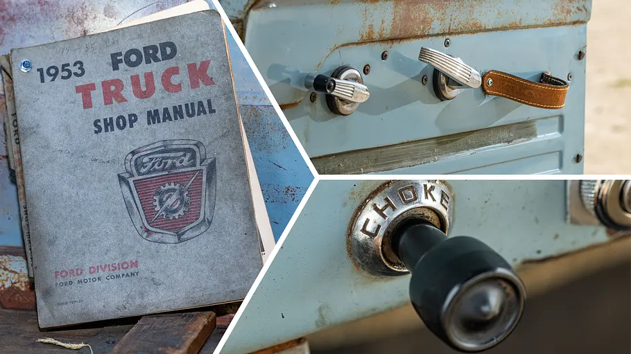 Ford F-100 V8 Stepside Collage mit Interieur-Details des Ford F-100 V8 Stepside