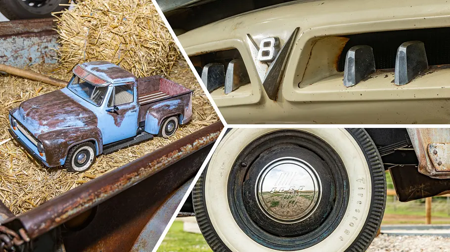 Ford F-100 V8 Stepside Collage mit Exterieur-Details des Ford F-100 V8 Stepside
